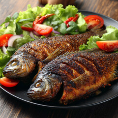 Grilled Tilapia Fish with Fresh Salad and Vegetables