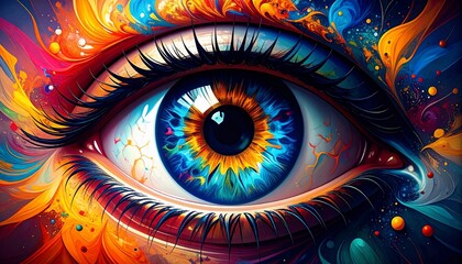 A vibrant, colorful depiction of an eye, showcasing a dynamic blend of hues and textures.