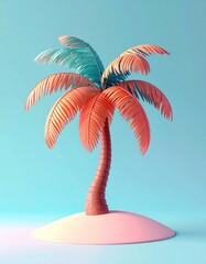 Fototapeta premium Vibrant Coral and Teal Palm Tree on Pastel Pink Island