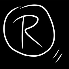 Hand-drawn white letter R inside a circle on a black background, symbolizing initials, branding, identity, or typography design. Perfect for logos, icons, and creativity.
