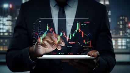 Businessman Analyzing Stock Market Data on Digital Tablet with Graphs and Charts in Night City Office - Powered by Adobe
