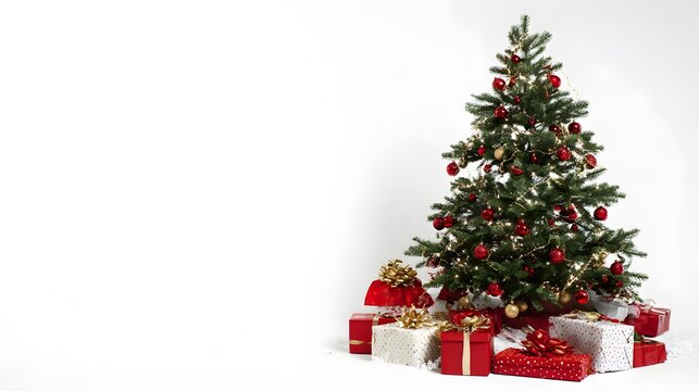 A decorated christmas tree with colorful ornaments and a variety of wrapped gifts underneath