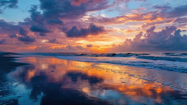 sand. A breathtaking tropical beach sunset with vibrant clouds and golden reflections on the wet sand. inspiring travel planning, travel magazines, designed for outdoor magazines and nature guides.