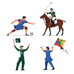 Fototapeta premium Four illustrations showcasing diverse activities, including sports and cultural elements, on a white background.
