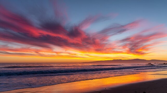 sand. A breathtaking tropical beach sunset with vibrant clouds and golden reflections on the wet sand. inspiring travel planning, travel magazines, designed for outdoor magazines and nature guides.