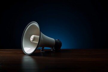 Vintage megaphone or bullhorn resting on a dark wooden surface with a moody blue background and dramatic lighting