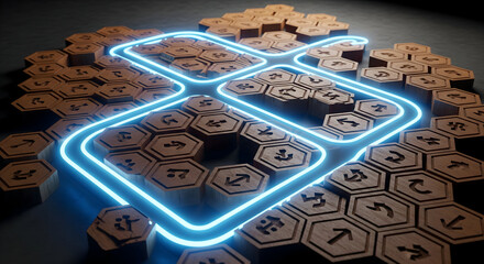Modern abstract strategy game with glowing neon path on wood tiles