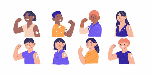 Diverse group of people showing off their vaccination band aids with pride and strength