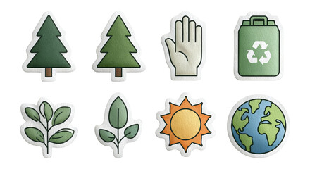 Nature Icons Set with Sun, Earth, Trees, Leaves, Hand, and Recycling Elements
