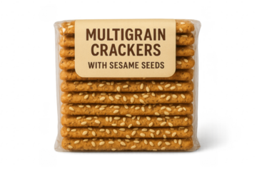 Multigrain crackers package with sesame seeds on transparent background