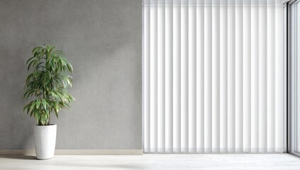 Fototapeta premium Minimalist room interior with a potted plant against a grey wall, beside white vertical blinds covering a large window. Light wood flooring is visible