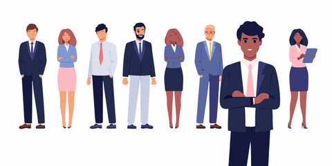 Diverse group of business professionals standing together in a line wearing formal attire