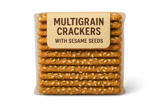 Multigrain crackers package with sesame seeds on transparent background