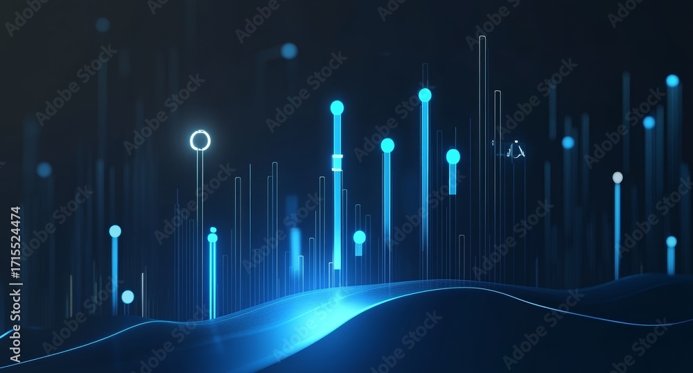 Poster abstract digital data visualization with glowing blue lines and nodes on a dark background