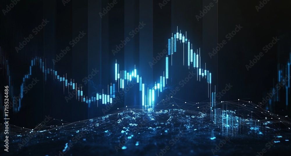 Aufkleber digital financial chart with glowing blue candlestick patterns over a reflective surface in a dark e