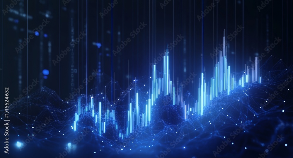 Poster Abstract digital waveform visualization with glowing blue data streams and particle effects in a dark technological environment