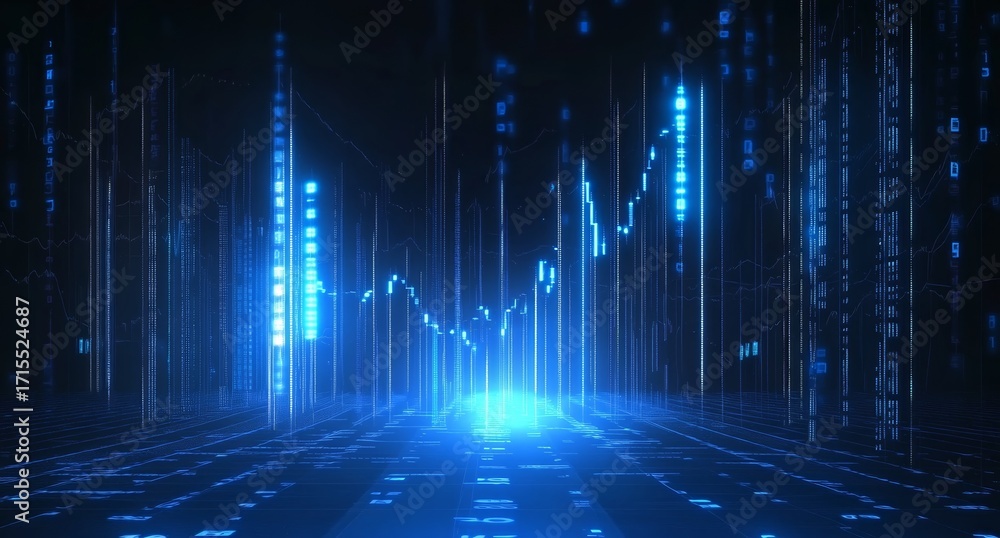 Poster digital data stream with glowing blue graph in a futuristic tunnel
