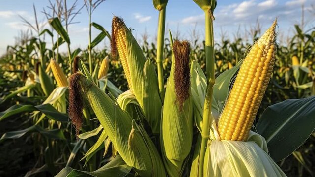 A beautiful close-up of ripe corn cobs growing in a vast agricultural field during the golden hour. The warm sunlight highlights the vibrant yellow kernels and green husks, ready for harvest. This foo