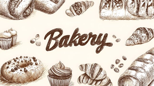 A collection of hand-drawn bakery items including croissants, donuts, muffins, and rolls, with the word 'bakery' prominently featured in the center