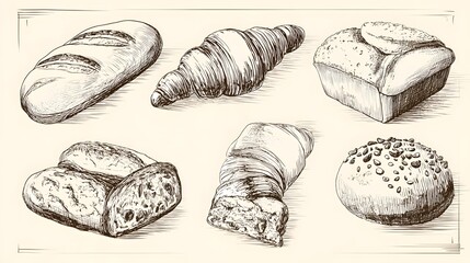 A variety of baked goods including bread, croissants, and rolls arranged in a basket with wheat stalks