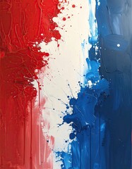 Vibrant Red, White, and Blue Abstract Painting with Dynamic Paint Splatters and Textured Strokes