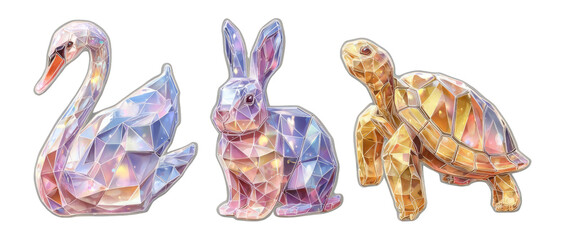 Elegant Geometric Animals in Colorful Crystal Design on Transparent Background