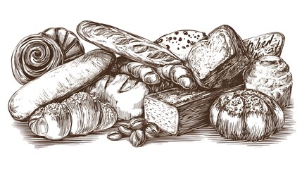 A variety of baked goods including bread, croissants, and rolls arranged in a basket with wheat stalks