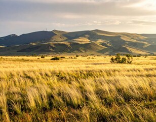Obraz premium Golden grassland stretches before rolling hills bathed in the warm light of a tranquil sunset.
