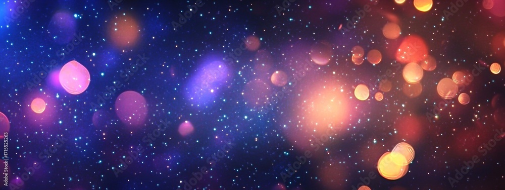 Poster abstract cosmic background with colorful bokeh lights and star-like particles