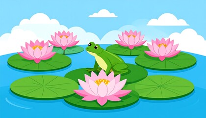 Frog on lily pads in a pond