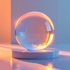 Vibrant Glass Sphere on Pedestal Reflecting Orange and Blue Light