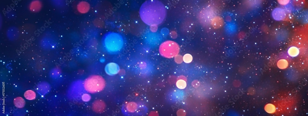 Poster abstract cosmic background with colorful bokeh lights and star-like particles