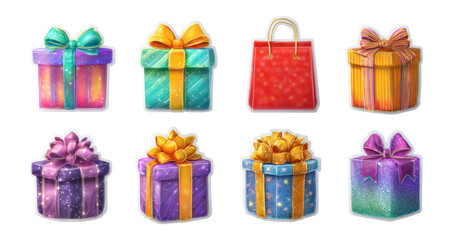 Colorful Gift Boxes and Shopping Bag with Bows Isolated on Transparent Background