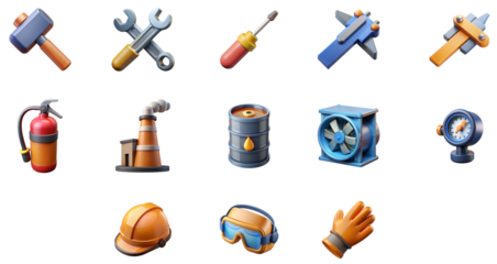 High quality photo of a collection of industrial tools and safety equipment icons isolated on transparent background