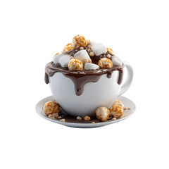 Decadent Hot Chocolate with Marshmallows and Caramel Popcorn - Gourmet Drink in White Mug