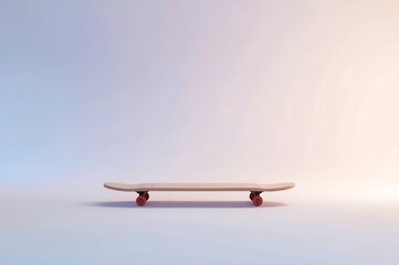 Minimalist wooden skateboard deck with pink wheels on a pastel gradient background with soft shadows