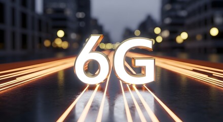 6G technology sign on a blurred road, symbolizing future communication and connectivity