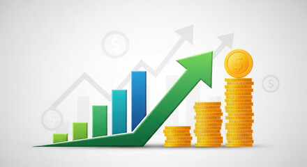 Financial growth and investment success with rising stock market charts and coins