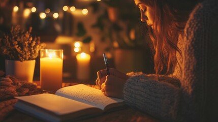 a cozy, candlelit space, practicing self-reflection and mindfulness, with a warm, inviting blurred background