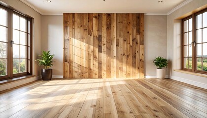 Interior shot of a sunlit room with wood paneling and hardwood floors perfectly displayed