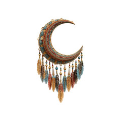 Ornate Crescent Moon Dreamcatcher with Feathers and Beads