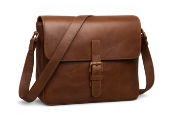 Brown leather messenger bag with transparent background