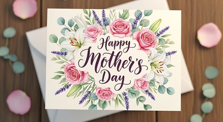 Naklejka premium A charming floral Mother's Day greeting card design features a circular arrangement of pink roses, white lilies, and purple lavender sprigs.