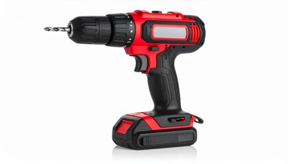A modern red and black cordless power drill with a rechargeable battery, shown from a side profile and isolated on a white background