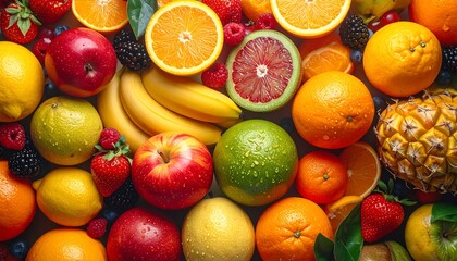 Vibrant array of fresh fruits, showcasing a colorful medley of citrus, apples, bananas, and berries, with water droplets adding a glistening effect.