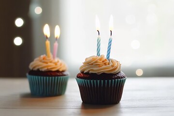 Two cupcakes with lit candles on a wooden table, one in focus and one blurred in the background.
