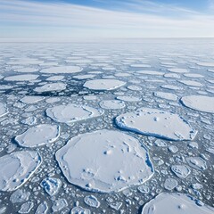 frozen ocean top view, featuring a vast expanse of icy surface with numerous floating ice sheets of varying shapes