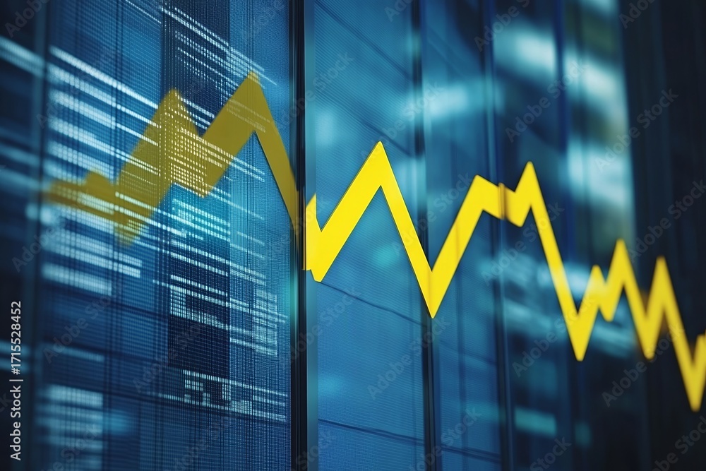Poster yellow line graph showing fluctuating data trends on a digital display with blue background