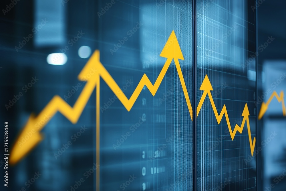 Poster yellow upward trend arrow graph displayed on a digital screen in a modern office setting
