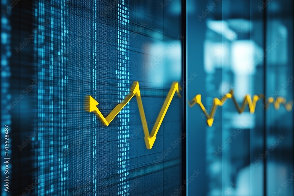 Poster digital display showing a fluctuating yellow line graph against a blue data background, representing